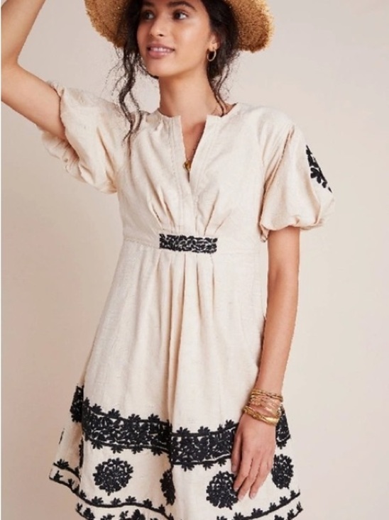 Anthropologie Dresses & Skirts - Anthro Orla Embroidered Mini Dress Size 10 Khaki Puff Sleeve Cotton